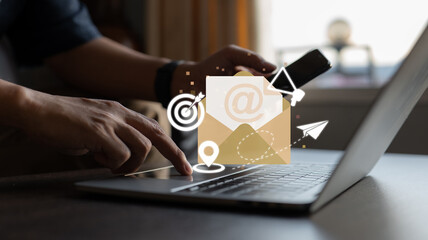 Email marketing as a concept. advertising media, target consumers, send messages, invite people,...