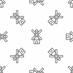 Grey line Windmill icon isolated seamless pattern on white background. Vector