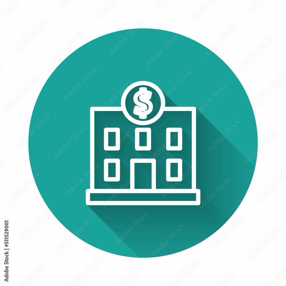 Poster white line bank building icon isolated with long shadow background. green circle button. vector