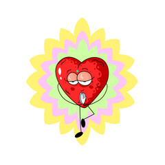 Cute cartoon red heart in meditation. Vector character for your design. Concept healthy heart. Medicine illustration. Emoji and romantic. Emotion balance. Mental health. 