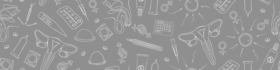 Contraception hand drawn seamless pattern. Sex education doodles horizontal border. Vector illustration.