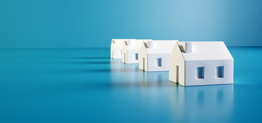 Real estate concept with houses to buy. Searching property, homes for sale, mortgage, transaction. Minimalist models on blue background.