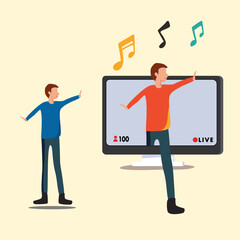 Male is dancing follow, A young man is live streaming with computer.