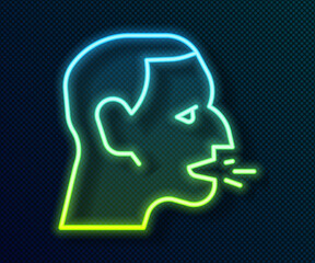 Glowing neon line Man coughing icon isolated on black background. Viral infection, influenza, flu, cold symptom. Tuberculosis, mumps, whooping cough. Vector