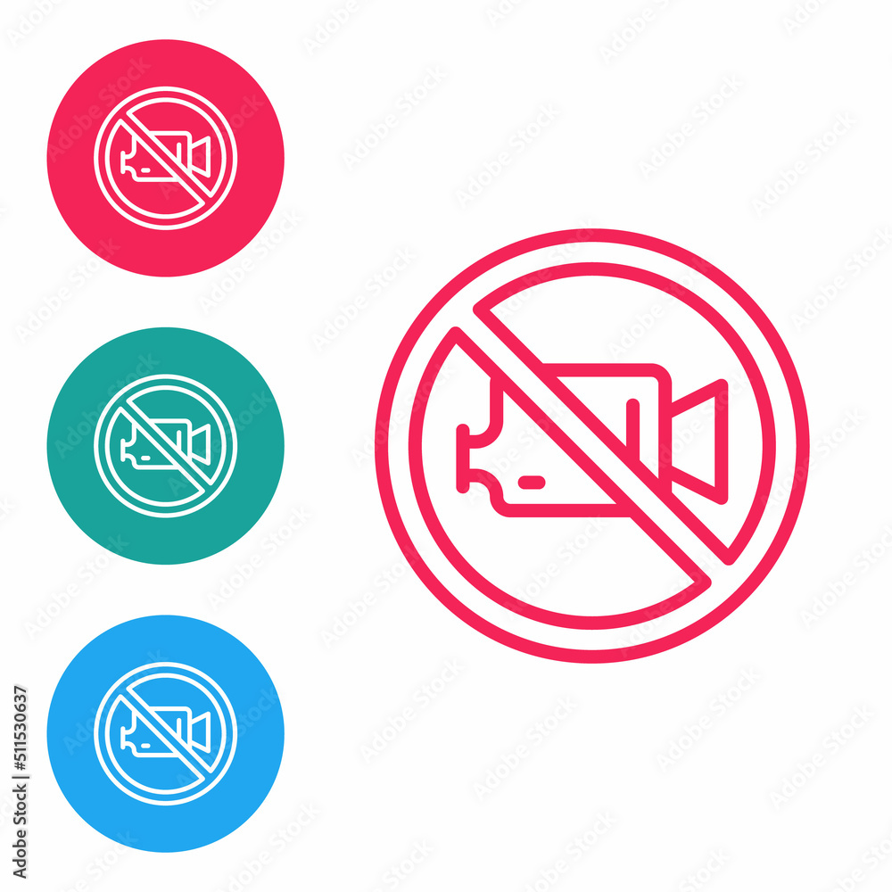 Poster red line prohibition sign no video recording icon isolated on white background. set icons in circle 