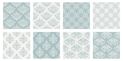Vector Oriental Vintage Damask Seamless Pattern Set. Geometric Damask Retro Background for Wallpaper, Textile Design in Baroque, Royal Victorian Fashion Style. Floral Ornament Seamless Texture