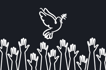 Horizontal poster Peace to Ukraine with a white outline of the dove of peace on a black background. Hands of the Ukrainian people in the struggle for peace. Vector.