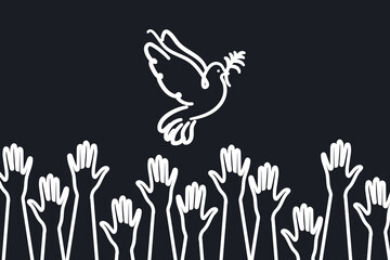 Obraz premium Horizontal poster Peace to Ukraine with a white outline of the dove of peace on a black background. Hands of the Ukrainian people in the struggle for peace. Vector.