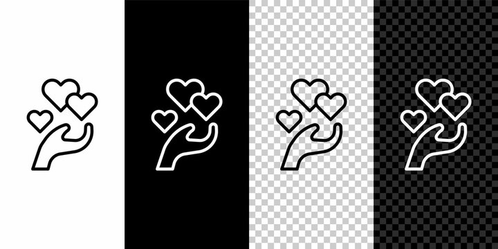 Set Line Heart In Hand Icon Isolated On Black And White, Transparent Background. Hand Giving Love Symbol. Valentines Day Symbol. Vector