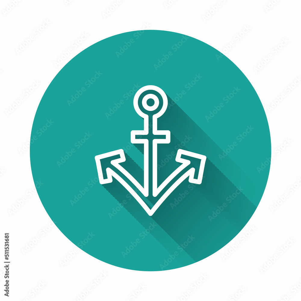 Poster white line anchor icon isolated with long shadow background. green circle button. vector