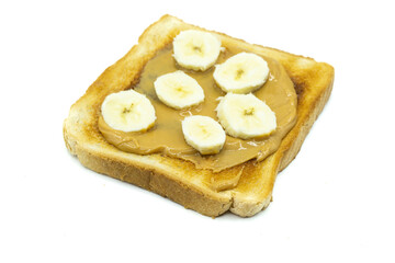 Toast with peanut butter and banana isolated on white background