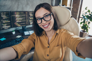Photo of attractive cheerful lady sitting chair make selfie implement hacker security office indoors