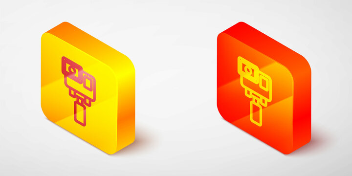 Isometric line Action extreme camera icon isolated on grey background. Video camera equipment for filming extreme sports. Yellow and orange square button. Vector