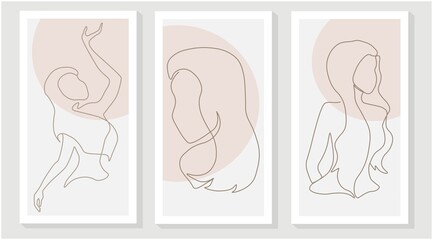 Set of portraits of women in continuous line art drawing style.  Female figure continuous one line a drawing in simple modern style. Vector minimalist design for wall art, poste, print, card