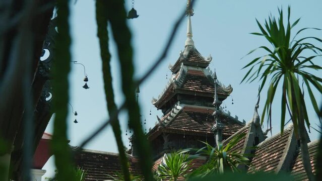 4K Cinematic landscape footage of a buddhist temple monument at Wat Chedi Luang in Chiang Mai, North Thailand on a sunny day in slow motion from behind some vegetation.