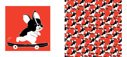 Cute boston terrier illustration, pattern design is a perfect for people who loves dog. Collection of one print and one seamless pattern. Adorable Boston Terrier dog. Design for t-shirt, card, poster.