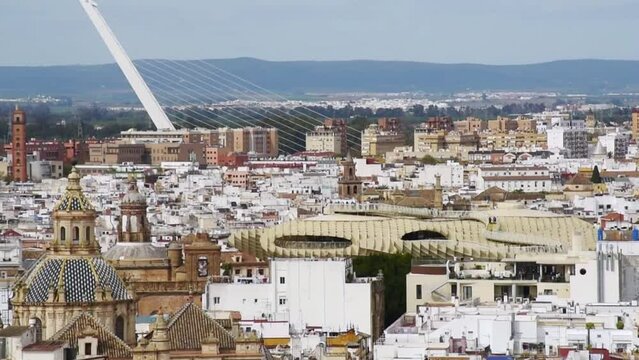 Aerial view of the Skyline of Seville with the setas de sevilla inside the old town
