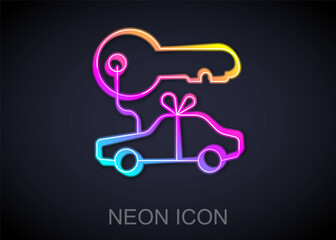 Glowing neon line Car gift icon isolated on black background. Car key prize. Vector