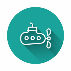 Fototapeta premium White line Submarine icon isolated with long shadow background. Military ship. Green circle button. Vector