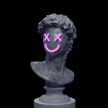 Abstract creative illustration from 3D rendering of male faceless classical marble bust with pink neon emoticon style face isolated on black background.