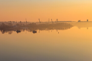 View of the Dnieper river at sunrise in Kremenchug, Ukraine