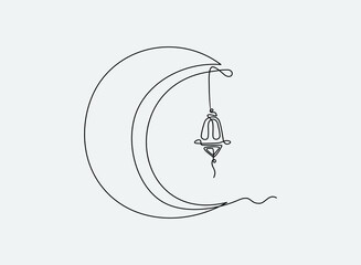 Lantern, half moon and star.  one continuous line drawing on white background.