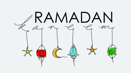  Ramadan Kareem theme minimal one continuous line drawing on white background. Single line art of Eid Mubarak greeting card, poster and banner design. Vector illustration