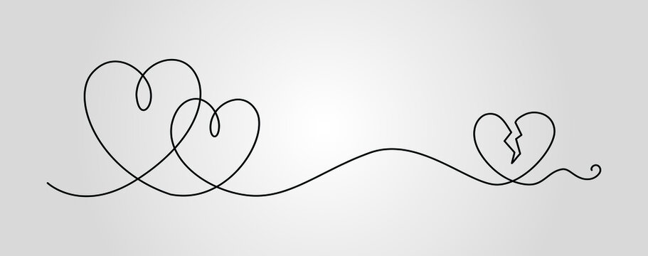 Continuous line drawing two hearts, Black and white vector minimalist illustration of love concept.