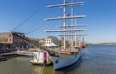 Historic sailing ship on the IJssel river in Kampen, Netherlands