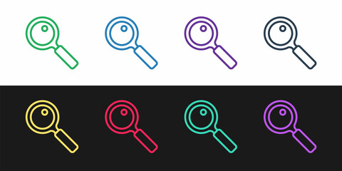 Set line Magnifying glass icon isolated on black and white background. Search, focus, zoom, business symbol. Vector