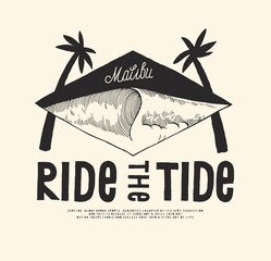 Fototapeta Ride the Tide. Giant wave and palms diamond shape vintage typography surfing t-shirt print vector illustration. obraz