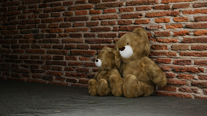 Couple of brown teddy bears sitting near a brick wall, 3d rendering