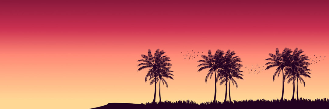 summer sunset view with palm trees silhouette flat design vector illustration good for wallpaper, background, banner, backdrop, tropical, travel, tourism, and design template