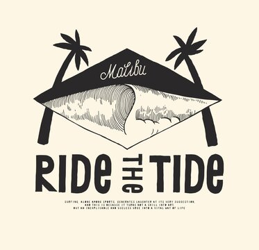 Ride the Tide. Giant wave and palms diamond shape vintage typography surfing t-shirt print vector illustration.