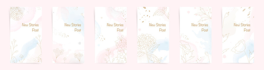 Social media story backgrounds set. Watercolor floral cute banner template with abstract splashes, shapes with simple wild filed flowers. Modern design for promo sale posts, cover cards, posters.