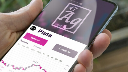 Invertir en plata ETF, un inversor compra o vende un fondo etf metal. Texto en español
