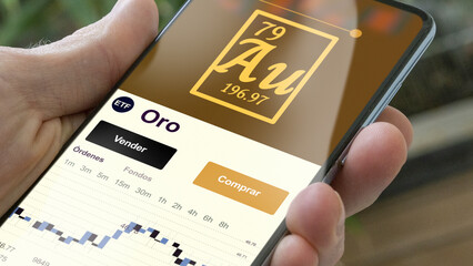 Invertir en oro ETF, un inversor compra o vende un fondo etf. Texto en español