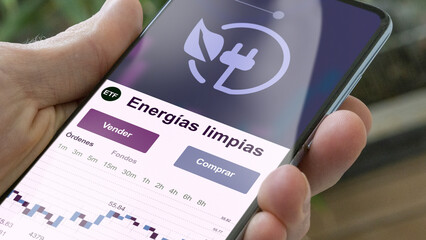 Invertir en ETF, un inversor compra o vende un fondo energia limpias etf. Texto en español