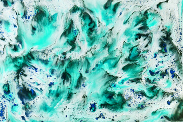 Ink abstract background, paint pattern under water, cosmic green pigment acrylic stains, splashes and streaks