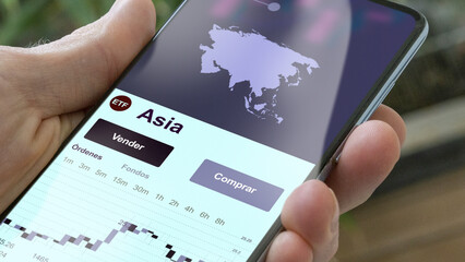 Invertir en Asia ETF, un inversor compra o vende un fondo asia etf. Texto en español