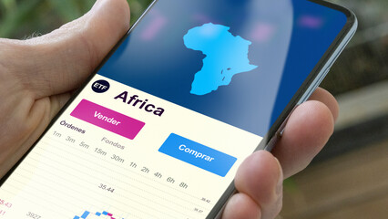 Invertir en ETF, un inversor compra o vende un fondo Africa etf. Texto en español