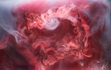 Black and red ink background, colorful fog, abstract swirling ocean, acrylic paint pigment underwater, white smoke