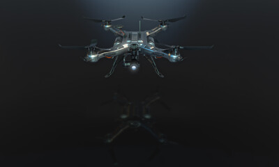 Realistic background with flying drone quadcopter with digital camera. Modern advertisement drone concept footage. Future technology of delivery, logistics and military development