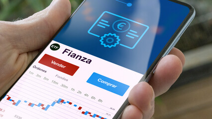 Invertir en fianza ETF, un inversor compra o vende un fondo etf. texto en español
