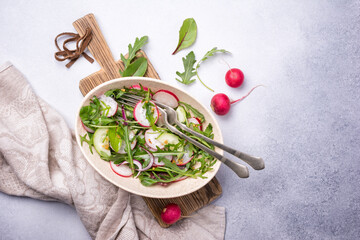 Healthy vegetarian salad with fresh radish, cucumber, onion and mix of green leaves