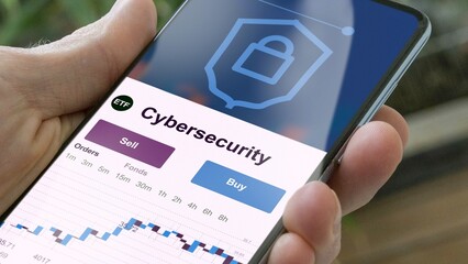 An user invests in cybersecurity ETF, an investor buys or sell an etf fund.