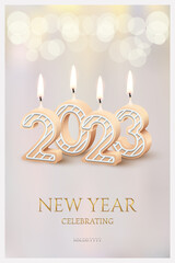 2023 New Year holiday party celebrating, greeting card vector illustration. 3d realistic gold New Year text, 2023 candle numbers with icing and fire, candlelight decor for romantic celebration.