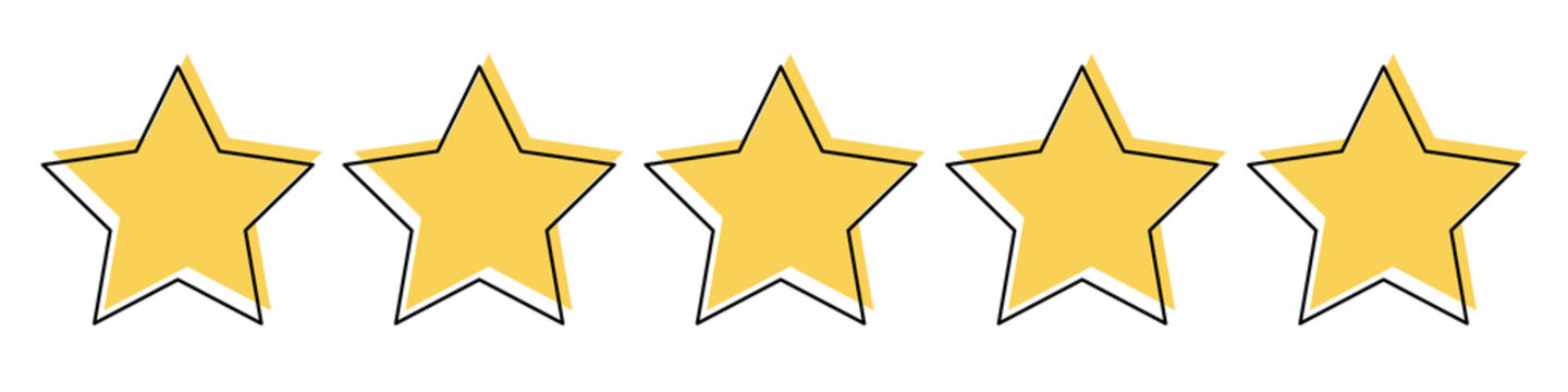 Product quality rating or customer review with five yellow stars with black line vector illustration. Assessment linear symbols for critic feedback service, evaluation survey, mobil app