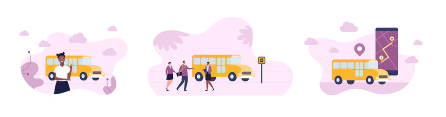 School education concept. Vector flat people illustration set. Yellow bus. Boy and girl in uniform with teacher character. City map on smartphone screen.