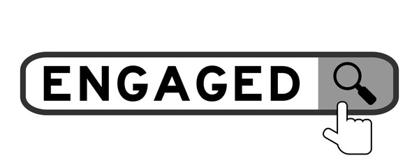 Obraz premium Search banner in word engaged with hand over magnifier icon on white background